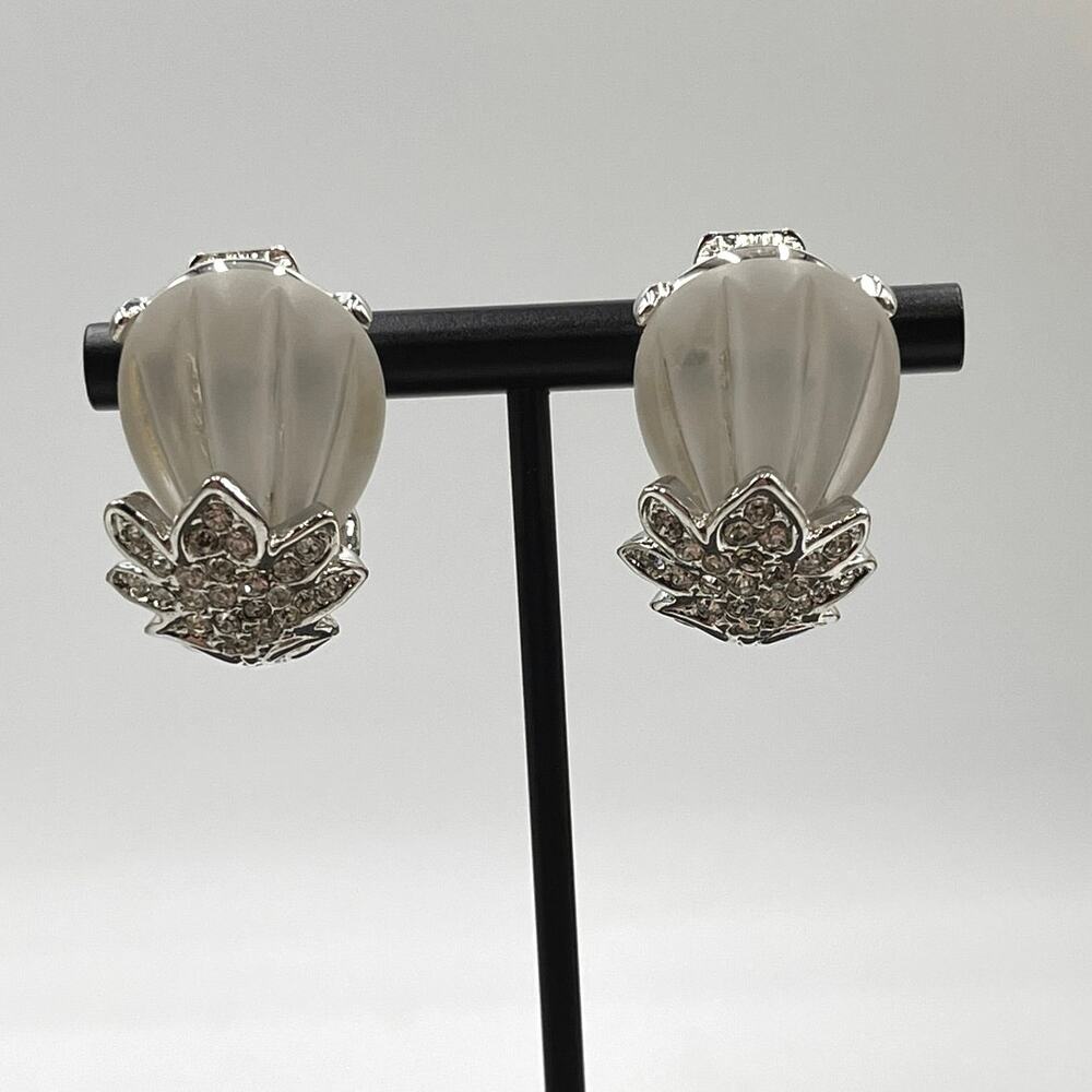 Kenneth Jay Lane White Lucite & Clear Crystal Clip-On Earrings